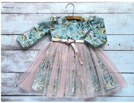 Green Floral Long Sleeve Dress with Rose Gold Belt