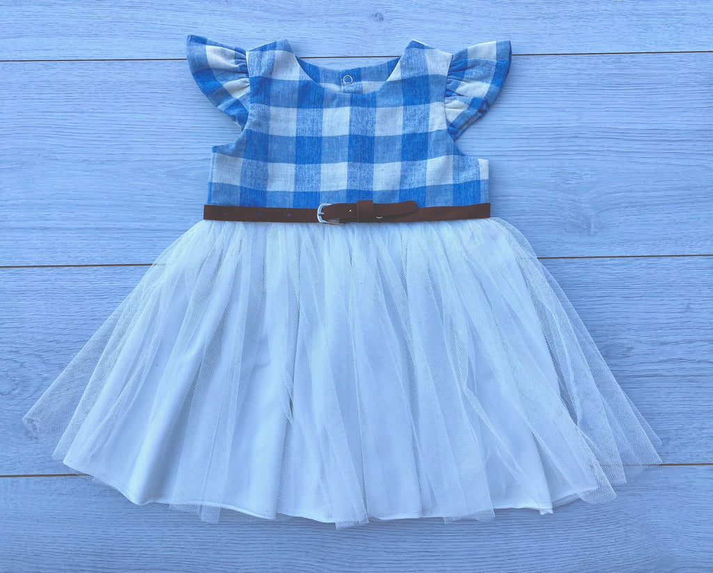 Light Blue and Cream Check Dress with Leather Belt