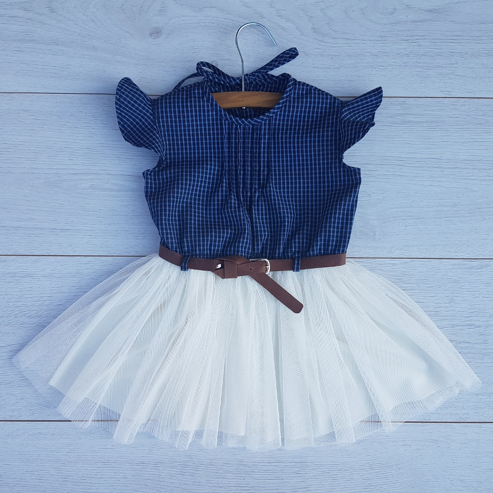 Christening Baby Girl Set - Navy check and cream dress with brown belt