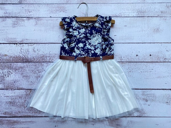 Navy Floral Dress with Cream Net Skirt