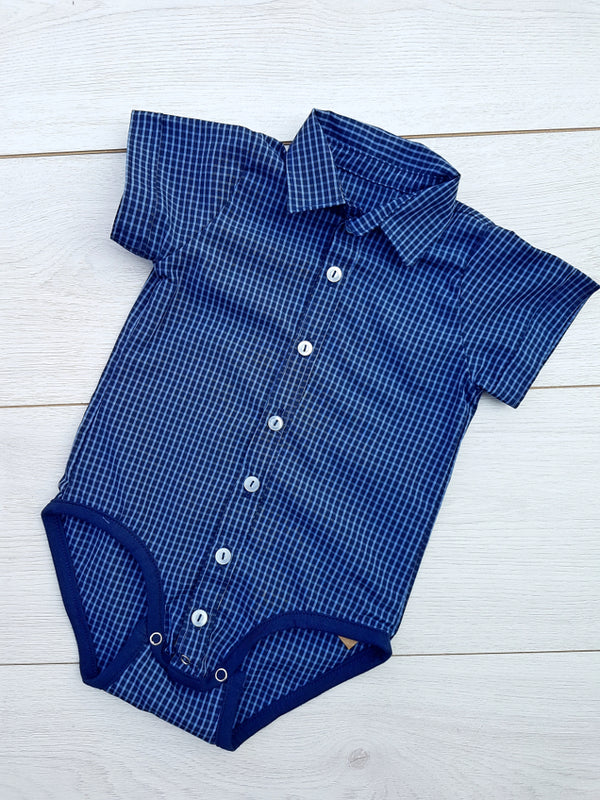 Christening Baby Boy Set - Navy Check Babygrow Shirt