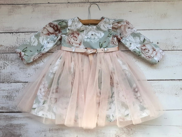 Floral dress with Rose Gold belt and Net Skirt